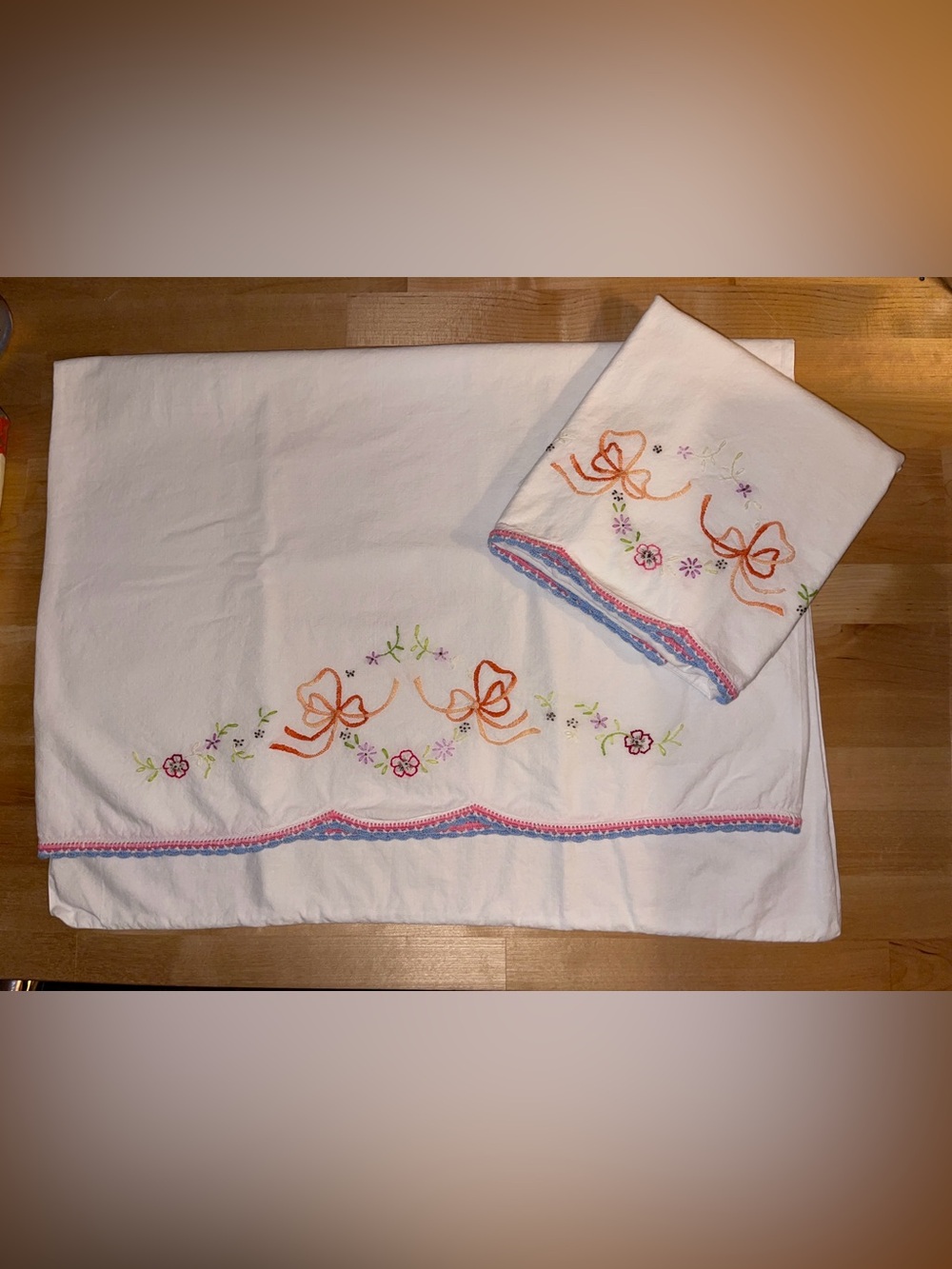 Vintage hand embroidered white pillowcase set